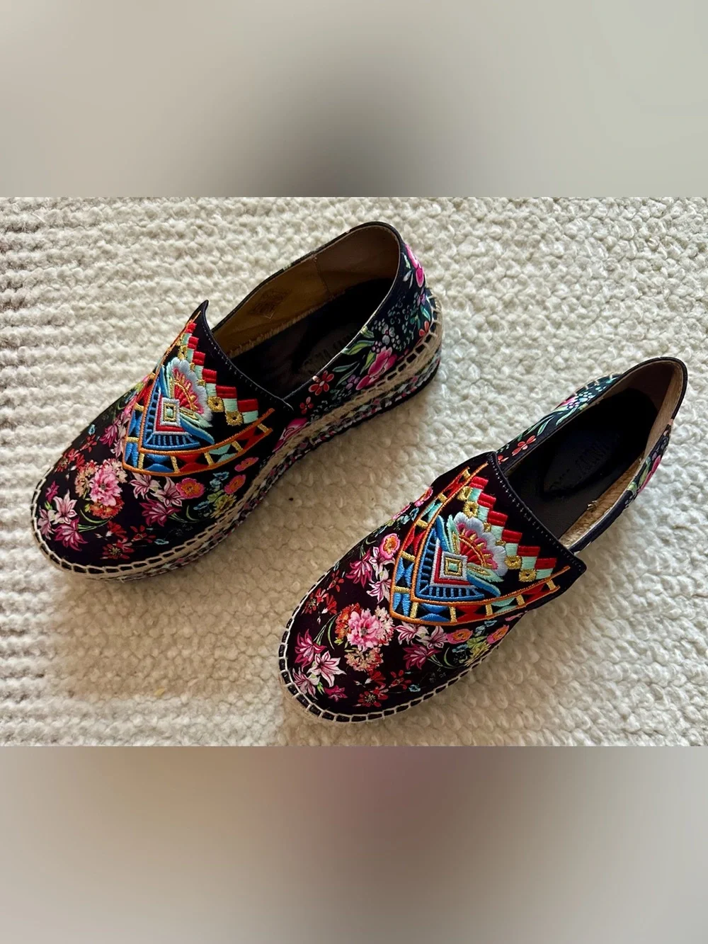 Johnny Was Joshua Embroidered Espadrilles Black/Multi Slip On Shoes Sz 37 NWOTB